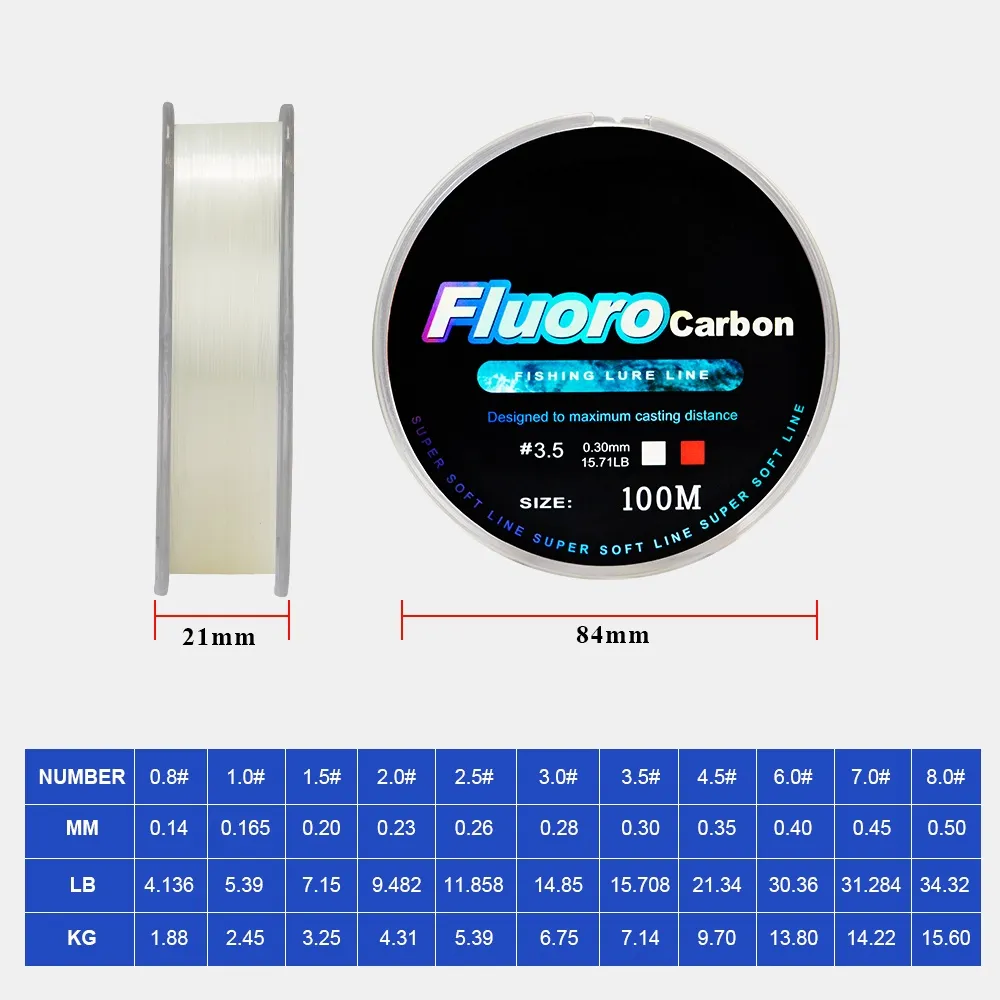 100m Fluorocarbon Fishing Lure Line 4.13-34.32LB Carbon Fiber Leader Fly Fishing Line Super Soft Line Pesca