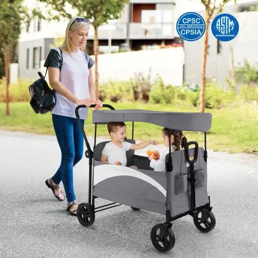 2-Seat Stroller Wagon With Adjustable Canopy and Handles-Gray