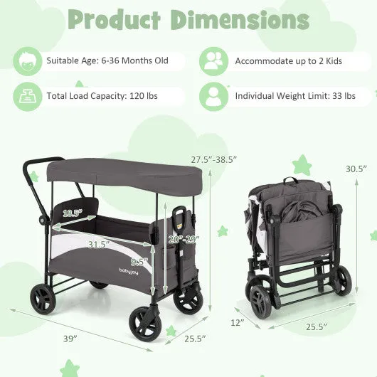 2-Seat Stroller Wagon With Adjustable Canopy and Handles-Gray