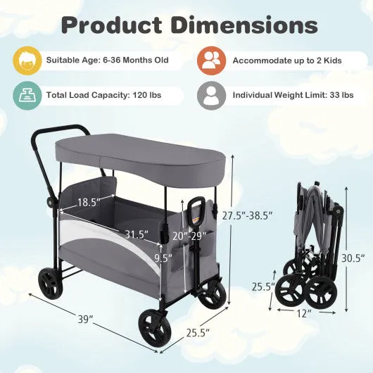 2-Seat Stroller Wagon With Adjustable Canopy and Handles-Gray