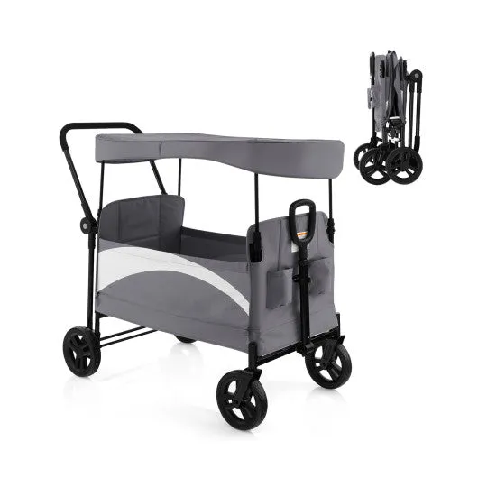 2-Seat Stroller Wagon With Adjustable Canopy and Handles-Gray