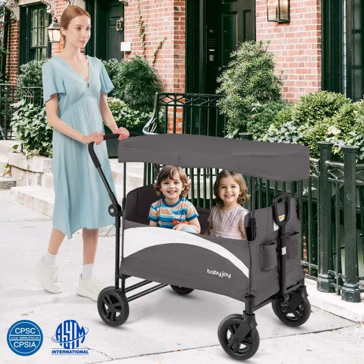 2-Seat Stroller Wagon With Adjustable Canopy and Handles-Gray
