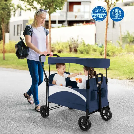 2-Seat Stroller Wagon With Adjustable Canopy and Handles-Navy