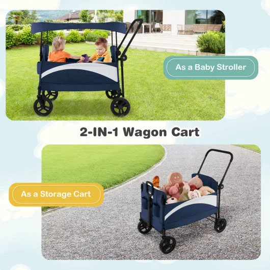 2-Seat Stroller Wagon With Adjustable Canopy and Handles-Navy