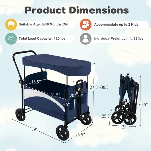 2-Seat Stroller Wagon With Adjustable Canopy and Handles-Navy