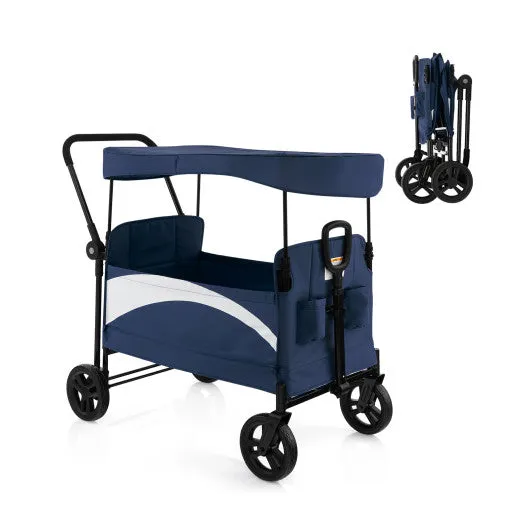 2-Seat Stroller Wagon With Adjustable Canopy and Handles-Navy