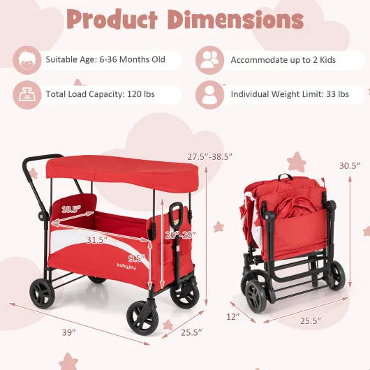 2-Seat Stroller Wagon With Adjustable Canopy and Handles-Red
