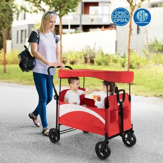 2-Seat Stroller Wagon With Adjustable Canopy and Handles-Red