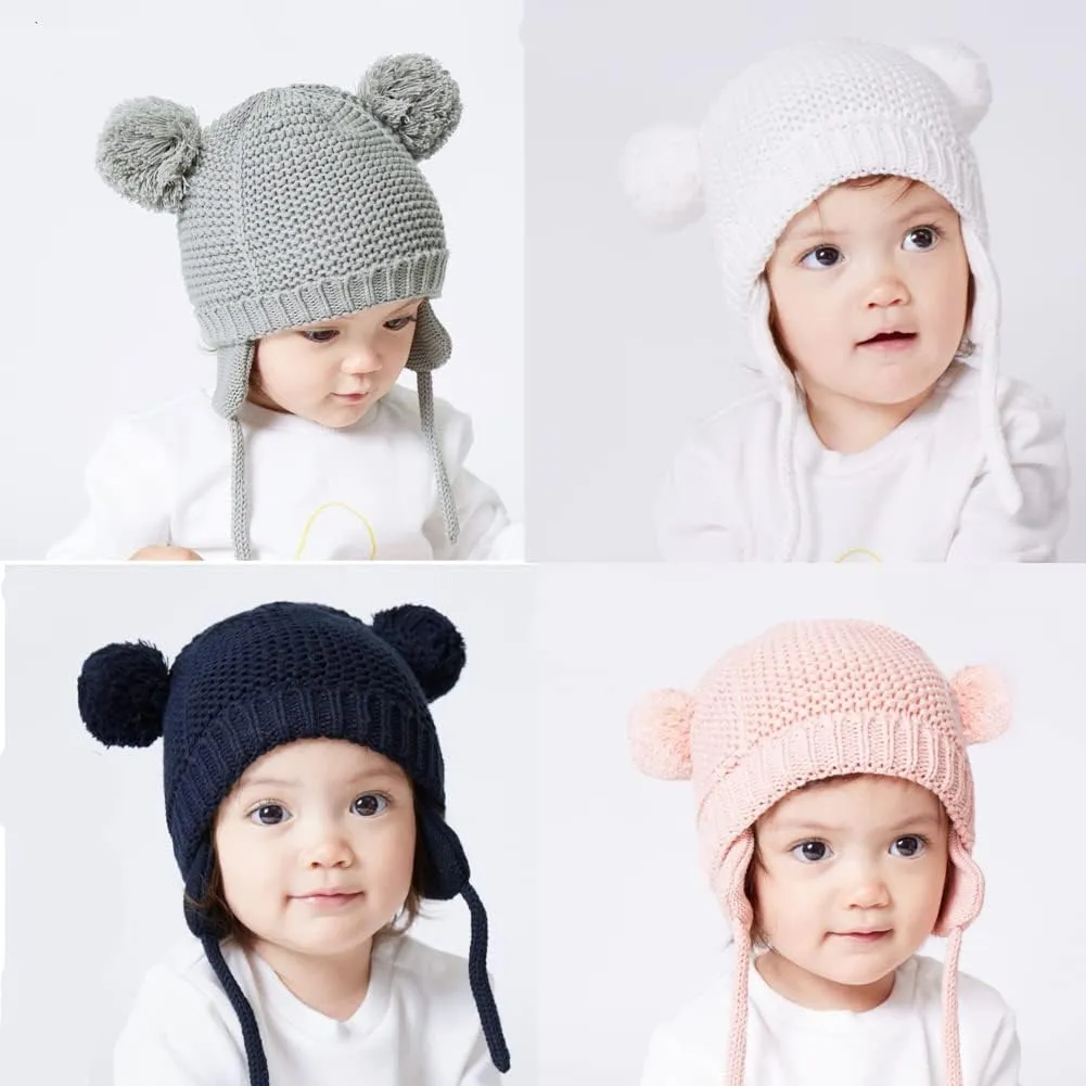 Baby Beanie Earflaps Hat - Infant Toddler Girls Boys Soft Warm Knit Hat Kids Winter Hat with Fleece Lining