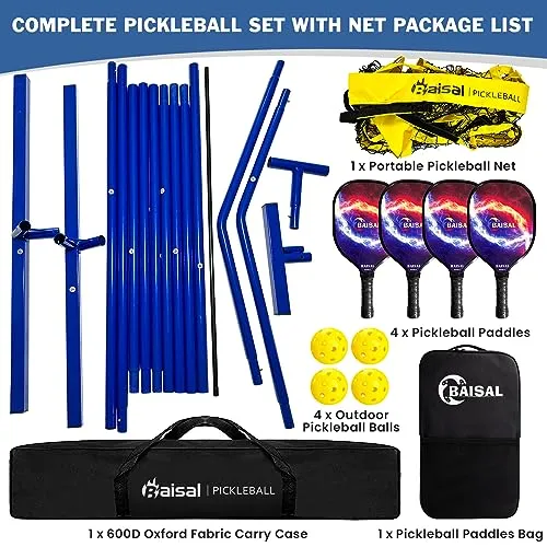 Baisal Pickleball Set with Net Portable Outdoor Indoor, 22FT Regulation Size Pickleball Net for Driveway with 4 Wooden Pickleball Paddles, 1 Pickle Ball Net, 4 Balls,1 Storage Bag, 1 Carry Bag
