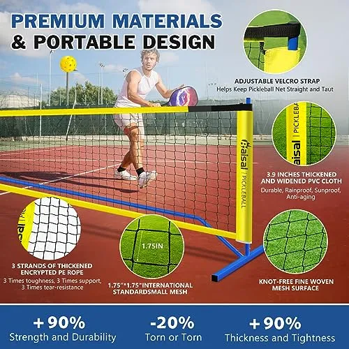 Baisal Pickleball Set with Net Portable Outdoor Indoor, 22FT Regulation Size Pickleball Net for Driveway with 4 Wooden Pickleball Paddles, 1 Pickle Ball Net, 4 Balls,1 Storage Bag, 1 Carry Bag