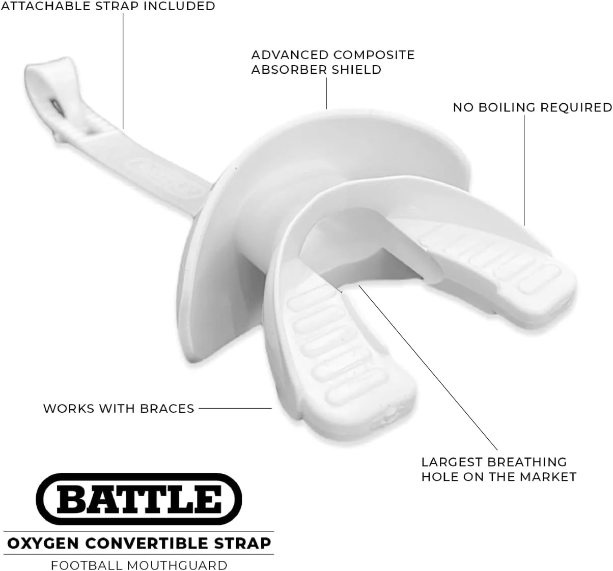 Battle Sports Oxygen Football Mouthguard - Football Mouth Guard with Strap, Superior Airflow & Better Performance, Maximum Breathability, Works with Braces