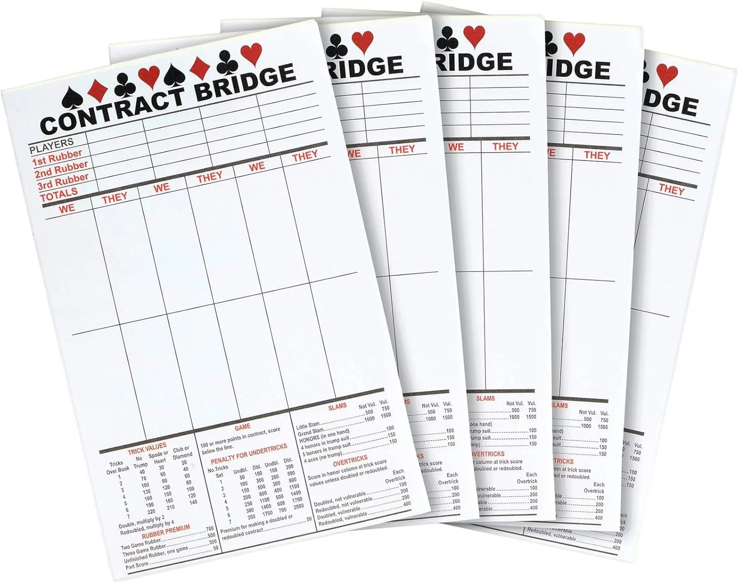 BEST PAPER GREETINGS 250 Sheets Contract Bridge Score Pads and Tallies, Game Scoring Cards Supplies, Large Print with Trick Values (5 Notepads)