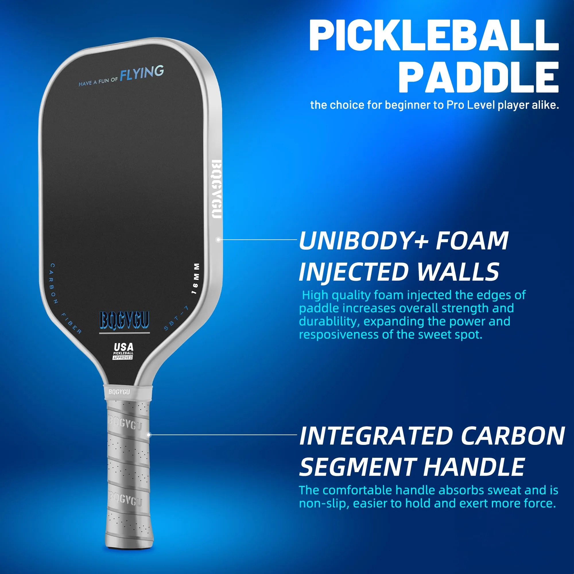 BQGVGU Pickleball Paddles, Carbon Fiber Raw Toray T700 with 16 mm Polypropylene Honeycomb Core,Perfect for Control&Spin, USAPA Approved