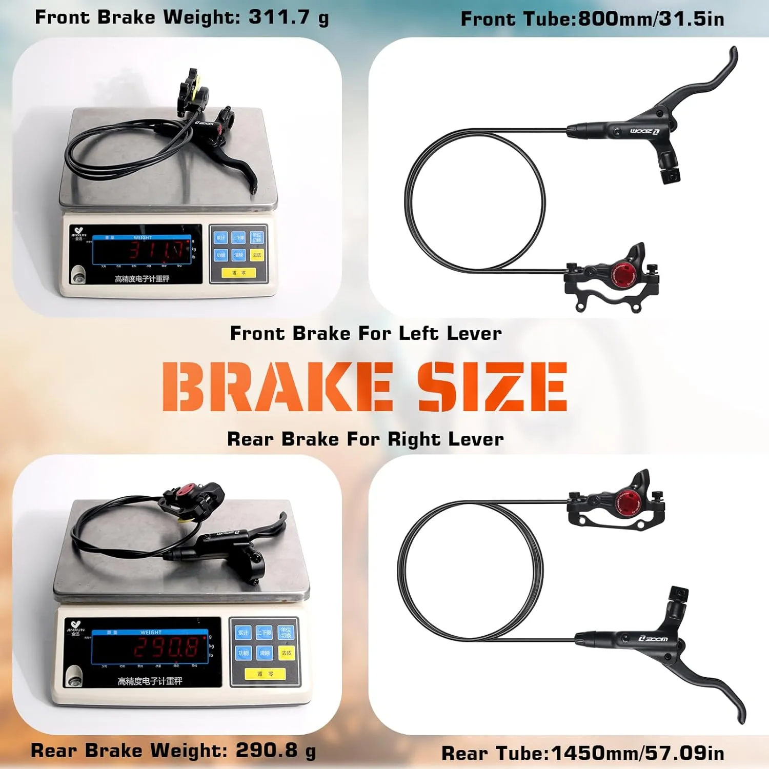 BUCKLOS MTB Hydraulic Disc Brakes, Mountain Bike Left Front 800mm Right Rear 1450mm Hydraulic Brake Set Aluminum Alloy Levers with Calipers PM/is Adapter Fit EBike/Fat Bike