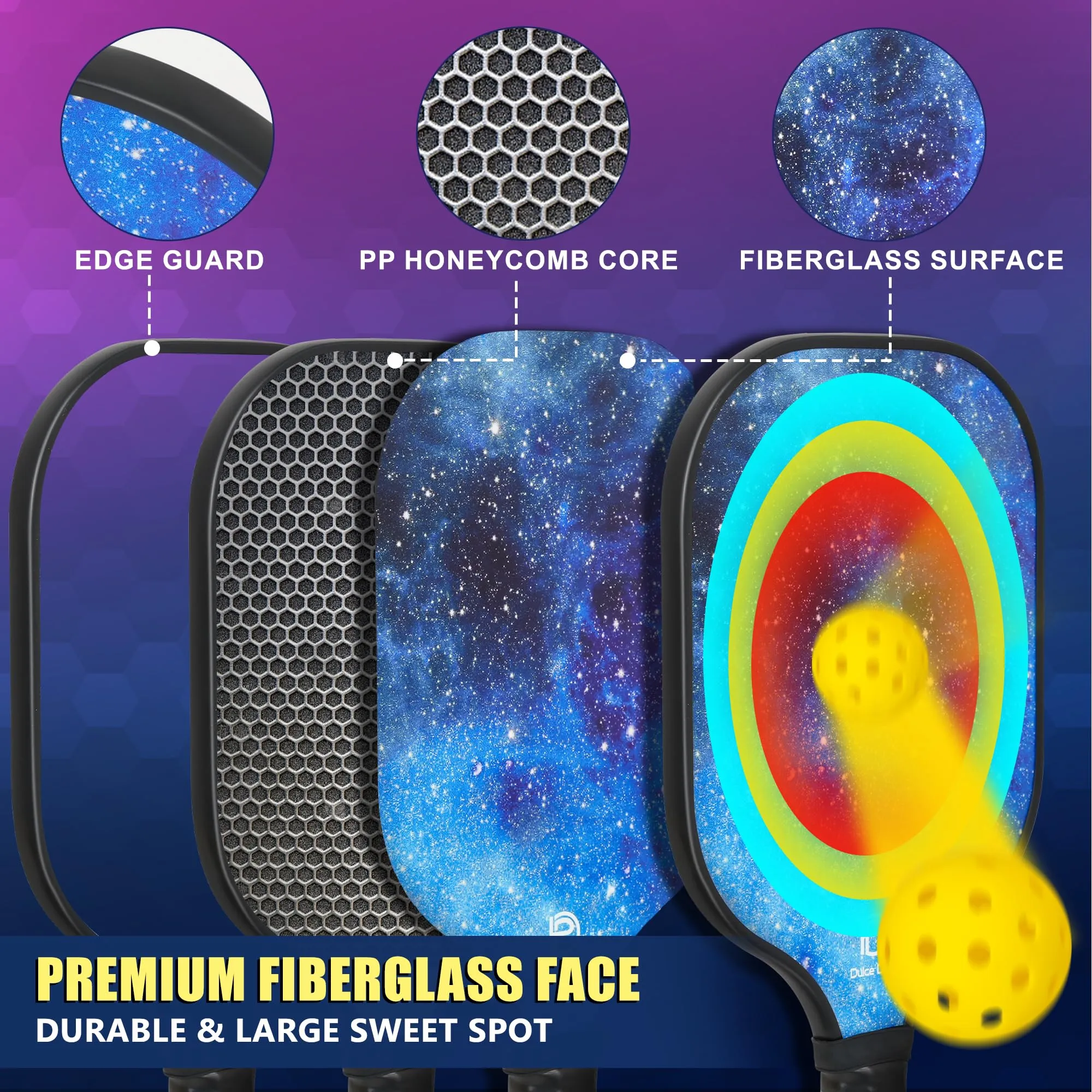DULCE DOM Pickleball Paddles Set of 2, USAPA Approved Fiberglass Pickleball Set with Pickleball Paddles, 4 Pickleball Balls and Pickleball Bag, Pickle Ball Rackets Gifts for Beginners & Pros