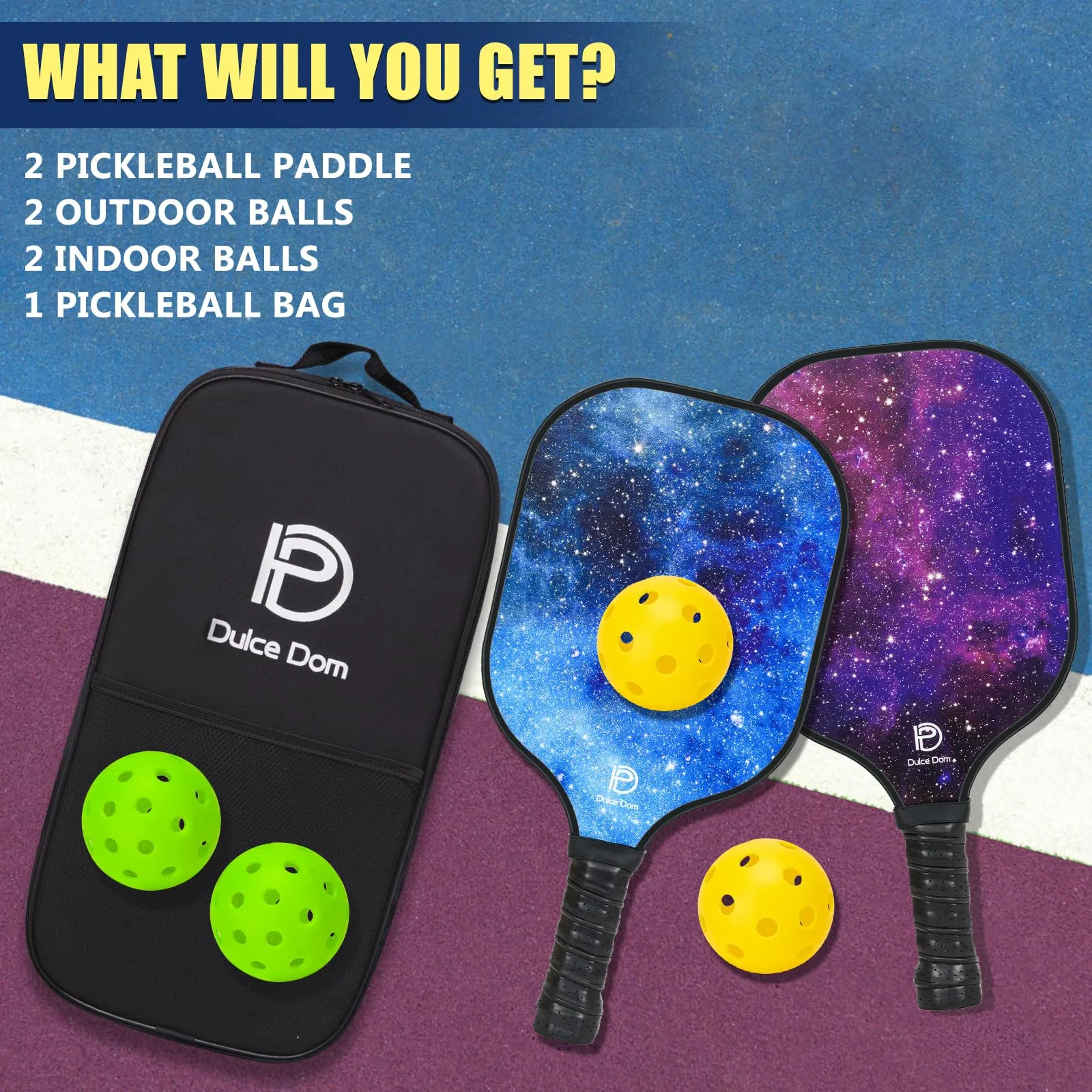 DULCE DOM Pickleball Paddles Set of 2, USAPA Approved Fiberglass Pickleball Set with Pickleball Paddles, 4 Pickleball Balls and Pickleball Bag, Pickle Ball Rackets Gifts for Beginners & Pros