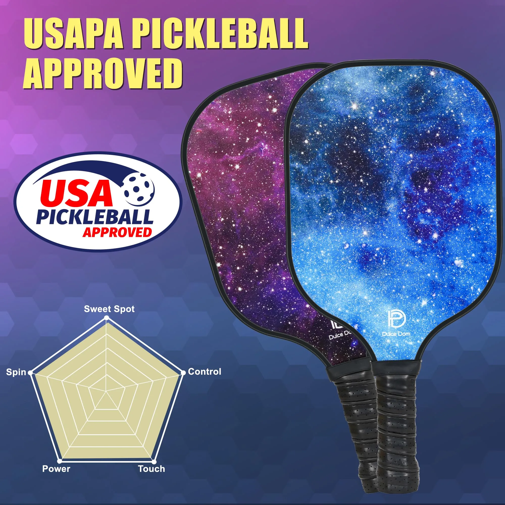 DULCE DOM Pickleball Paddles Set of 2, USAPA Approved Fiberglass Pickleball Set with Pickleball Paddles, 4 Pickleball Balls and Pickleball Bag, Pickle Ball Rackets Gifts for Beginners & Pros