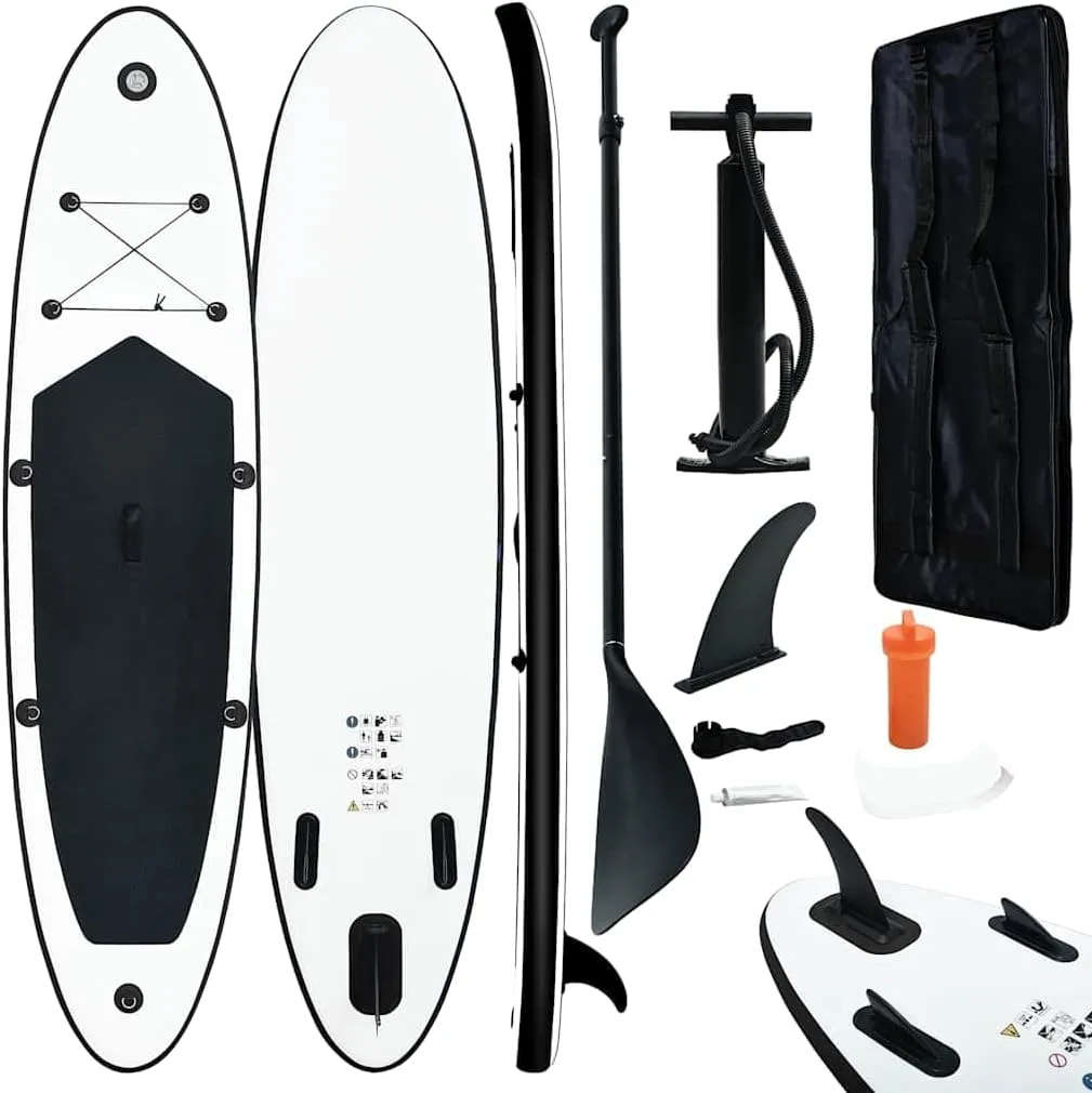 Durable Inflatable Stand Up Paddle Board Set for Recreation and Learning, Black and White, Lightweight and Easy to Transport