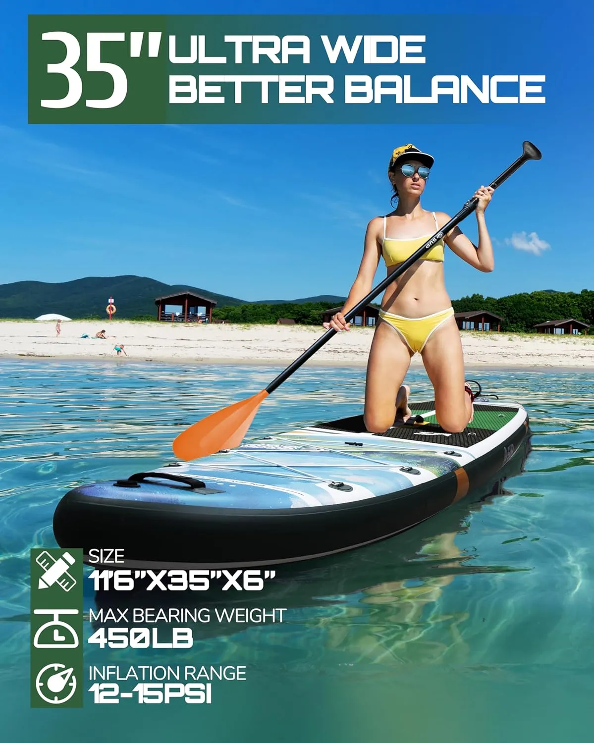 E SUP 11'6"x35" Extra Wide Inflatable Paddle Board Suitable for Beginner Wide Inflatable SUP for 2 1 People/Family/Surfing/Big Size w/Shoulder Strap 450lb All-Round Sup Board
