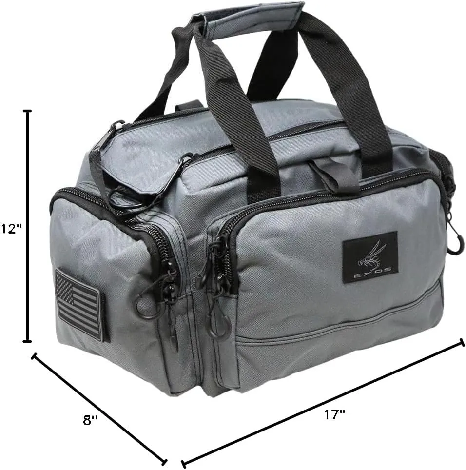Exos Tactical Range Bag  Medium Size Range Bag for Shooting  Gun Case for Handguns, Ammo Bag, Tactical Range Bag, Molle Webbing, Free Subdued USA Patch, Designed in the USA