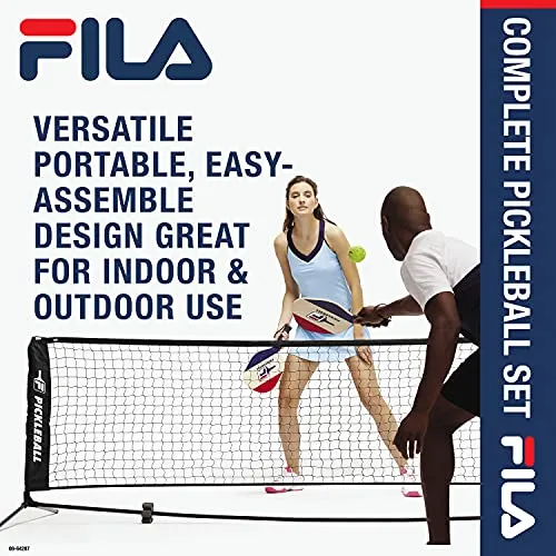 FILA Accessories Pickleball Net Set - Includes Pickleball Paddles Set of 4 with Regulation Size 4 Outdoor Balls & 10ft All-Weather Mesh Net for Indoor or Outdoor Use - Lightweight, Quick & Easy Setup