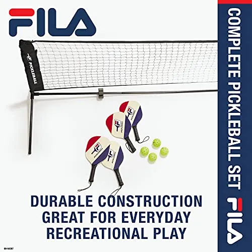FILA Accessories Pickleball Net Set - Includes Pickleball Paddles Set of 4 with Regulation Size 4 Outdoor Balls & 10ft All-Weather Mesh Net for Indoor or Outdoor Use - Lightweight, Quick & Easy Setup