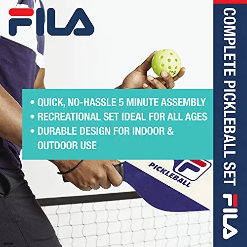 FILA Accessories Pickleball Net Set - Includes Pickleball Paddles Set of 4 with Regulation Size 4 Outdoor Balls & 10ft All-Weather Mesh Net for Indoor or Outdoor Use - Lightweight, Quick & Easy Setup