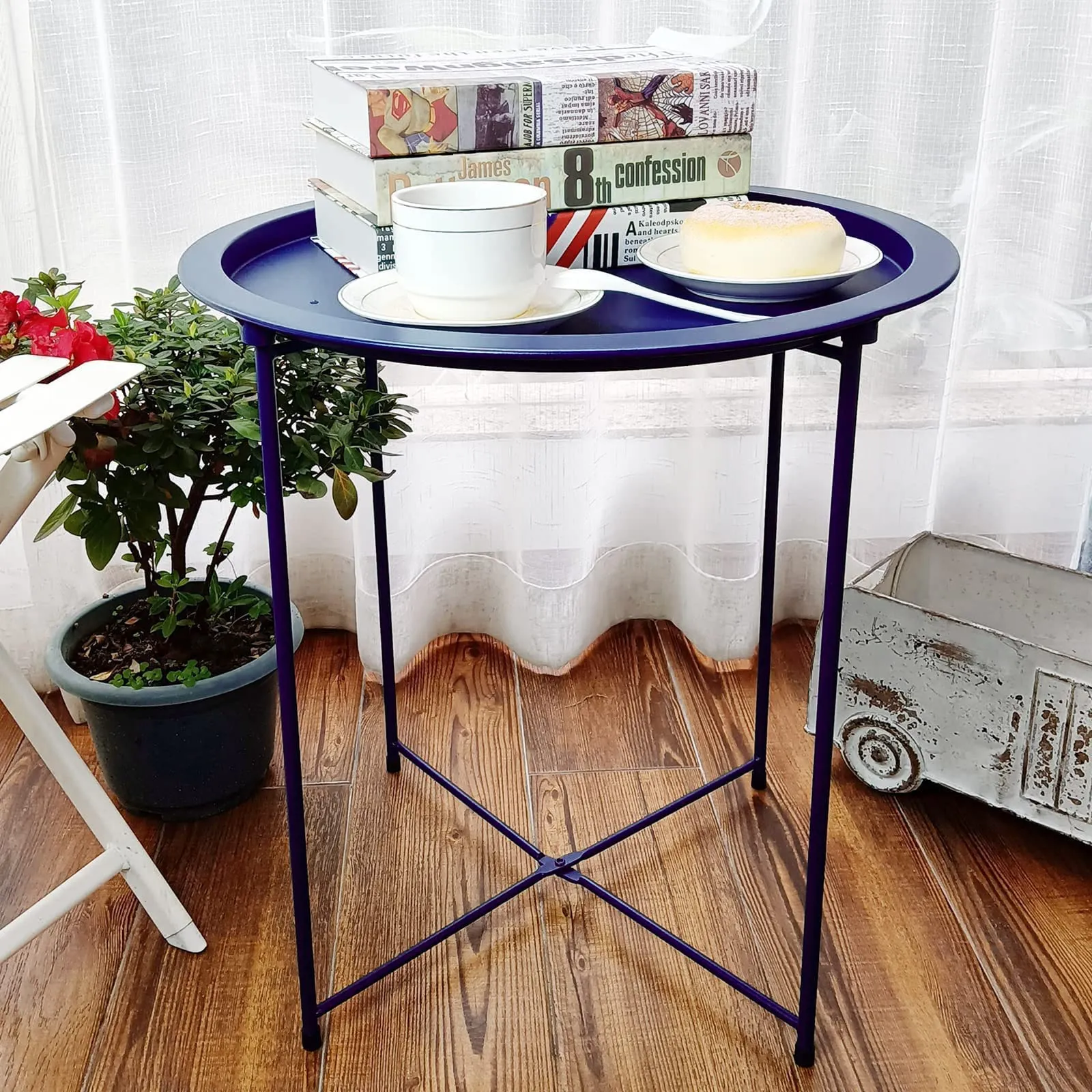 GadnRm End Table, Small Round Steel Table, Folding Metal TV Tray Side Table for Small Space, Waterproof Coffee Table, Sofa Side Table 。