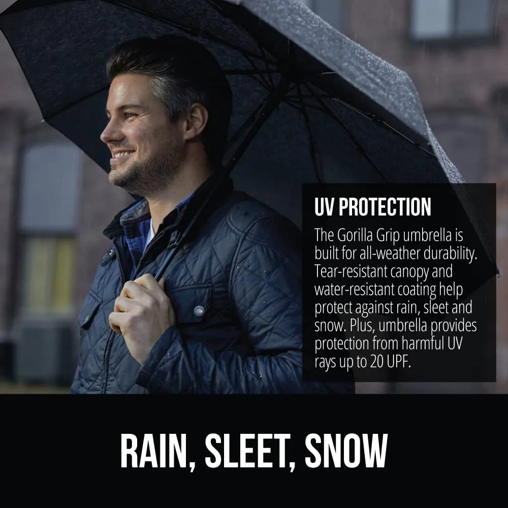 Gorilla Grip Windproof Compact Stick Umbrella for Rain, Travel One-Click Automatic Open and Close, Lightweight, Portable, Strong Reinforced Fiberglass Ribs, Easily Collapsible, Black