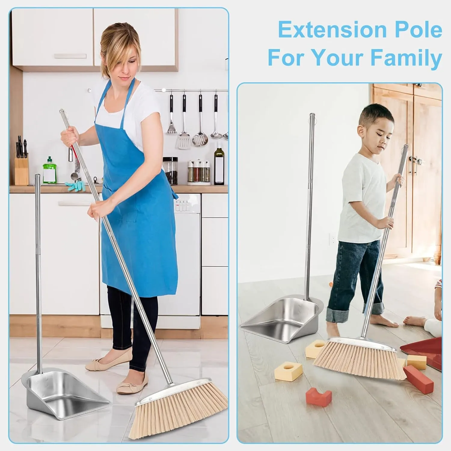 Heavy Duty Dustpan with Long Handle, VOOWO 43" Stainless Steel Dust Pan Standing Upright Dustpan, Indoor Outdoor Dust Pan with Handle for Kitchen and Home, Shop, Lobby and Office