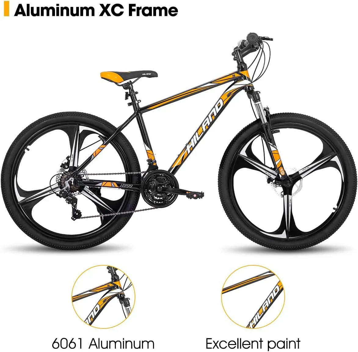 HH HILAND 26'' Mountain Bike, 3 6 Spokes, 21 Speeds Drivetrain, Aluminum Frame 26 Inch Wheels, Disc-Brake Bike for Men Women Men's MTB Bicycle