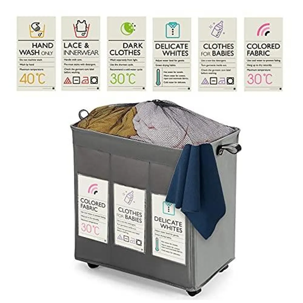 KNIGHT 3 Section Laundry Storage Basket 120L Collapsible on Wheels (Grey)