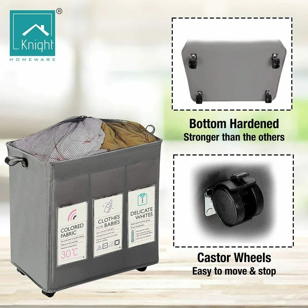 KNIGHT 3 Section Laundry Storage Basket 120L Collapsible on Wheels (Grey)