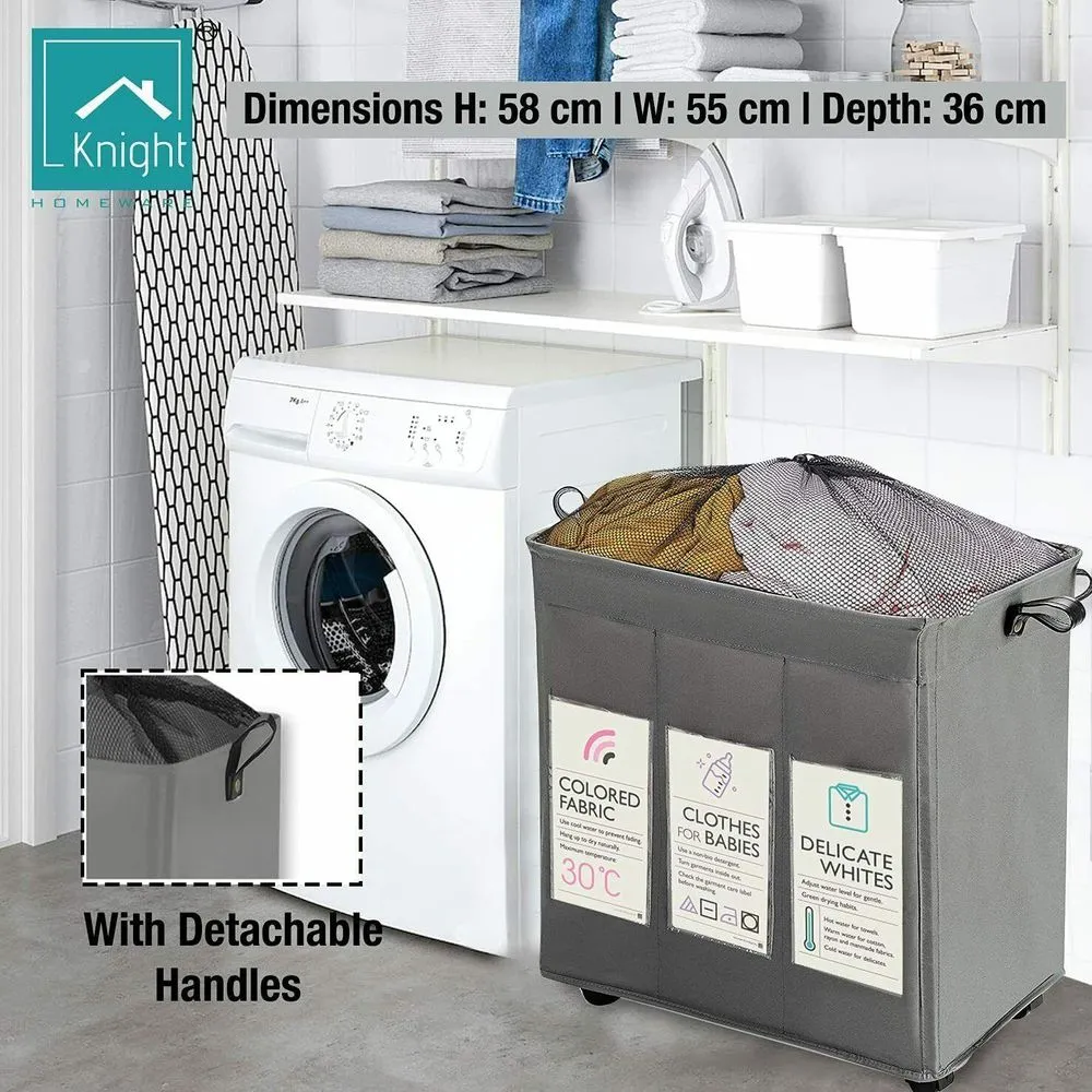 KNIGHT 3 Section Laundry Storage Basket 120L Collapsible on Wheels (Grey)