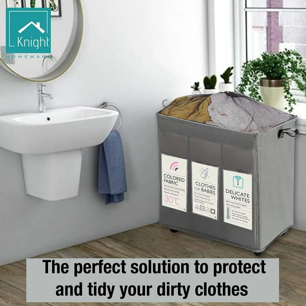KNIGHT 3 Section Laundry Storage Basket 120L Collapsible on Wheels (Grey)