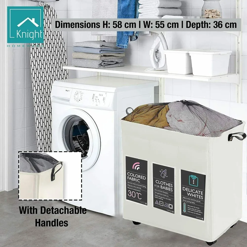 KNIGHT 3 Section Laundry Storage Basket 120L Collapsible on Wheels Mesh Cover