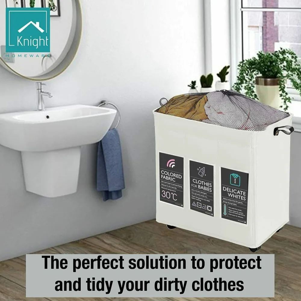 KNIGHT 3 Section Laundry Storage Basket 120L Collapsible on Wheels Mesh Cover