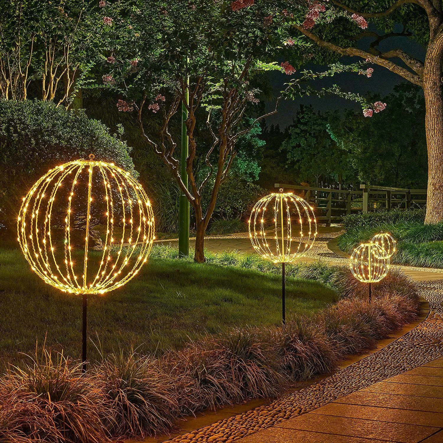 LED Light Ball Yard Decoration Pathway Lights Sphere Light Fold Flat Metal Frame Indoor Outdoor Waterproof Garden Lights