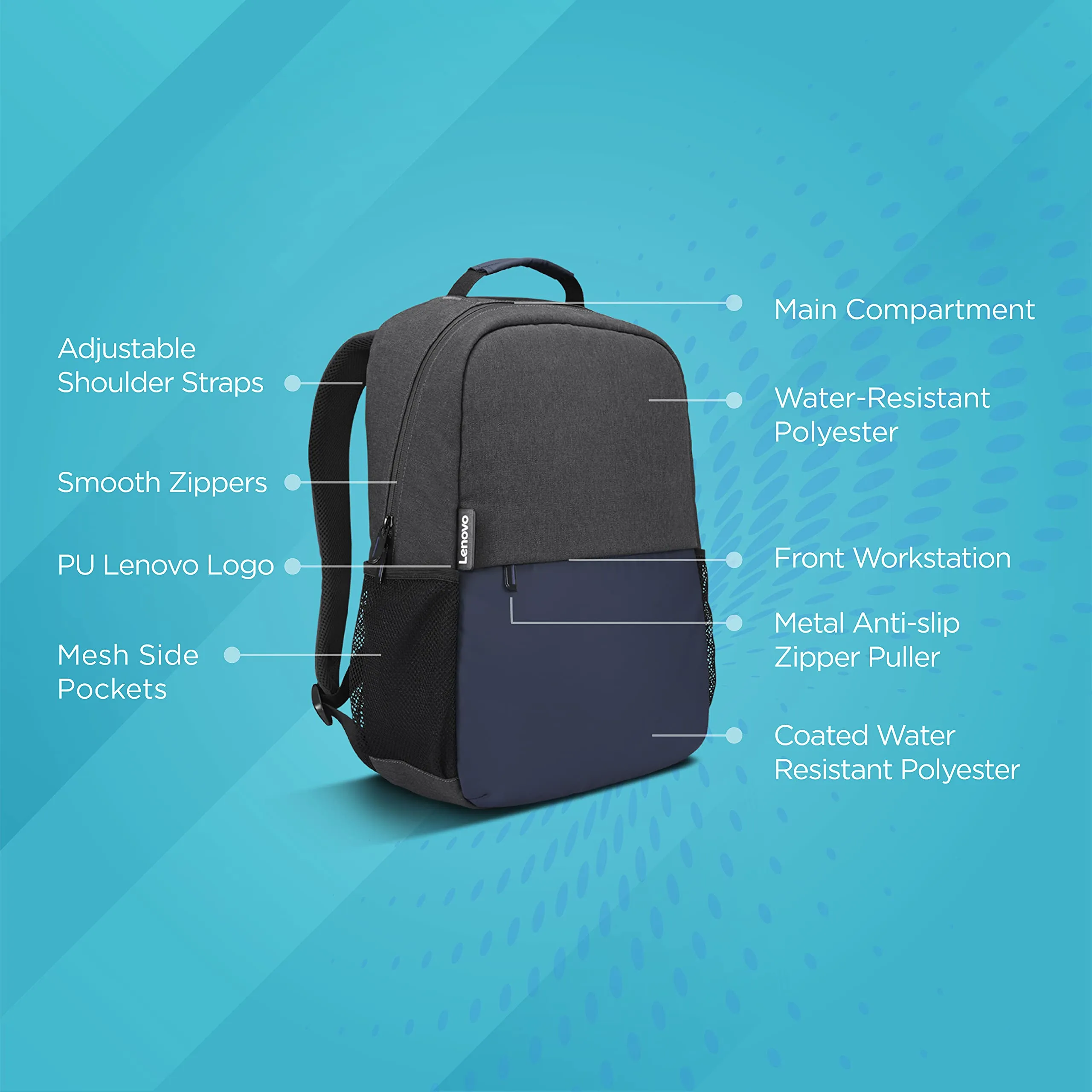 Lenovo 15.6" Slim Everyday Backpack, Compact, Water-resistant, Organized storage:Laptop sleeve,tablet pocket,front workstation,2-side pockets,Padded adjustable shoulder straps