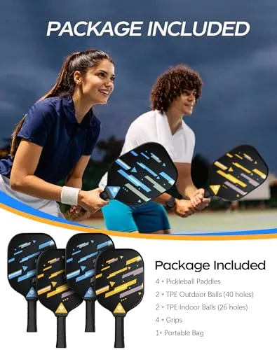 Muitcdo Pickleball Paddles Set of 4, USAPA Approved Pickleball Set with 4 Balls and 1 Carry Bag 4 Replacement Grips, Light Pickleball Rackets for Beginners and Intermediates Racquet for Men Wowen