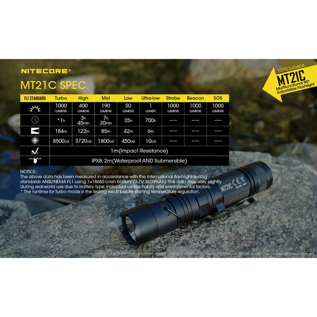 Nitecore MT21C Multifunctional 90 Degree Adjustable Flashlight (1000 Lumens | 18650 Lithium)