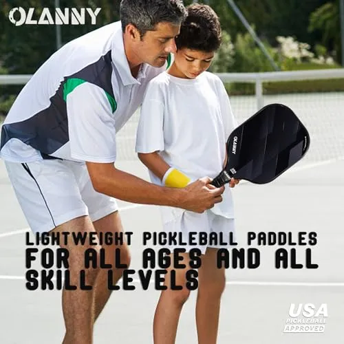 OLANNY Pickleball Paddles Rackets Fiber Face & Polymer Honeycomb Core Pickleball Set Lightweight Pickleball Set 2 Paddles with 4 Balls and a Bag for Kids & Beginners