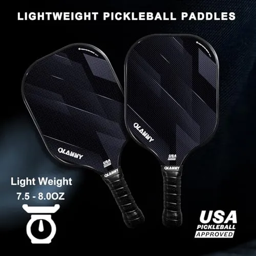 OLANNY Pickleball Paddles Rackets Fiber Face & Polymer Honeycomb Core Pickleball Set Lightweight Pickleball Set 2 Paddles with 4 Balls and a Bag for Kids & Beginners