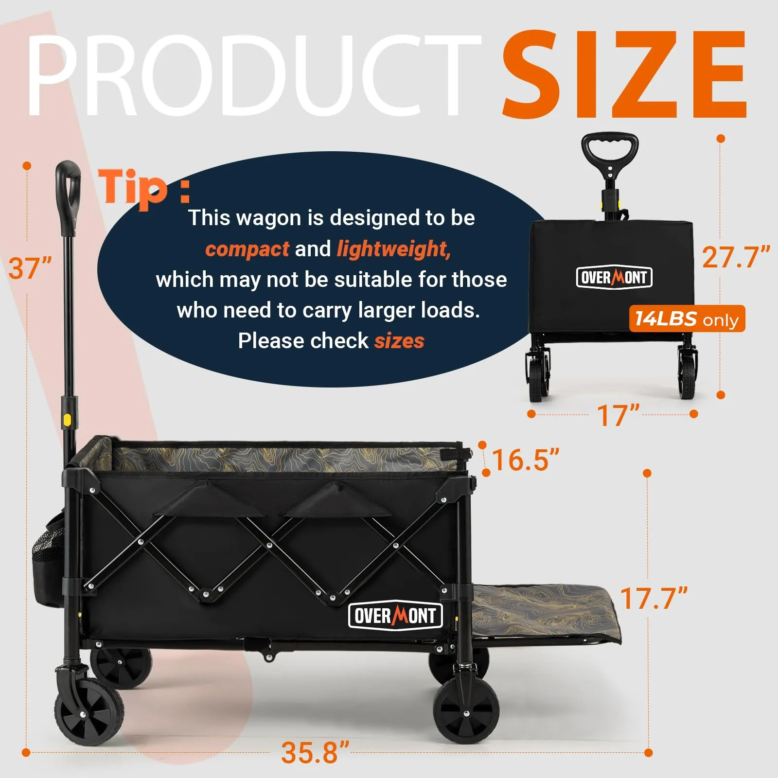 OVERMONT Collapsible Foldable Wagon Cart - 220lbs Extended Lightweight Portable Folding Utility Wagons with Wheels - 100L Small Garden Grocery Cart for Shopping, Grocery,Sports,Garden