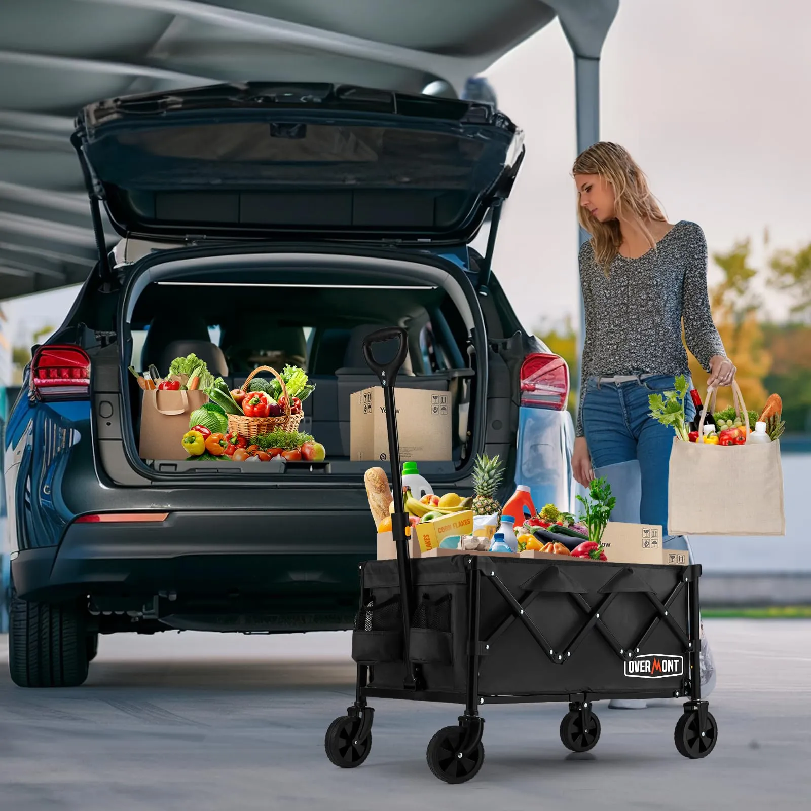 OVERMONT Collapsible Foldable Wagon Cart - 220lbs Extended Lightweight Portable Folding Utility Wagons with Wheels - 100L Small Garden Grocery Cart for Shopping, Grocery,Sports,Garden