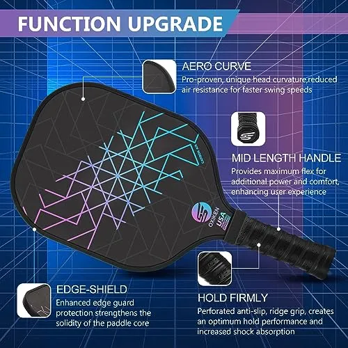 OXIKEN Pickleball Paddles Set of 4, USAPA Approved Carbon Fiber Pickle Ball Paddle (CHS), Polypropylene Honeycomb Core, Anti Slip Sweat Absorbing Grip, 4 Replacement Soft Grip, 6 Pickleball, Bag