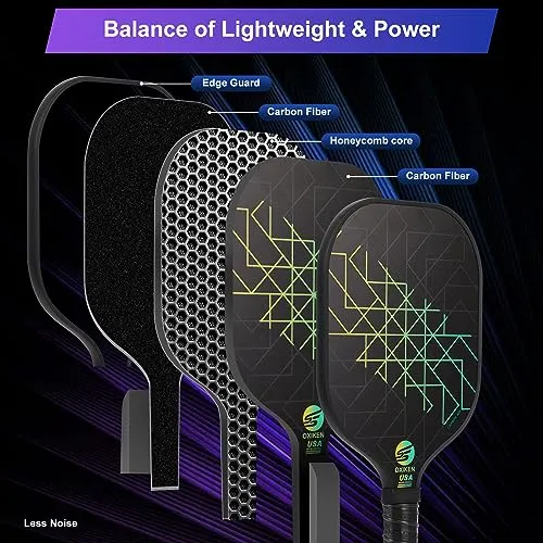 OXIKEN Pickleball Paddles Set of 4, USAPA Approved Carbon Fiber Pickle Ball Paddle (CHS), Polypropylene Honeycomb Core, Anti Slip Sweat Absorbing Grip, 4 Replacement Soft Grip, 6 Pickleball, Bag