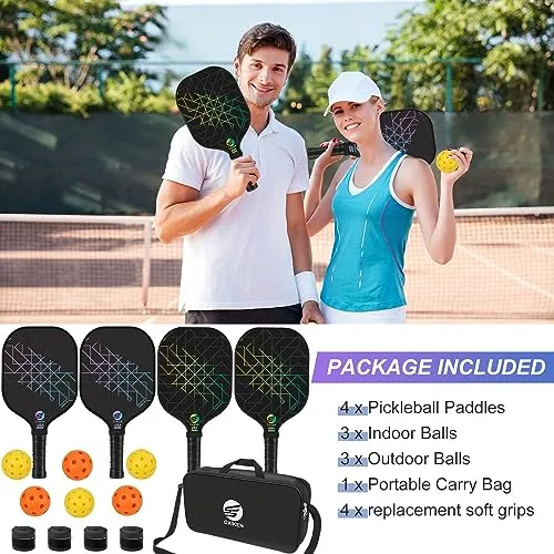 OXIKEN Pickleball Paddles Set of 4, USAPA Approved Carbon Fiber Pickle Ball Paddle (CHS), Polypropylene Honeycomb Core, Anti Slip Sweat Absorbing Grip, 4 Replacement Soft Grip, 6 Pickleball, Bag