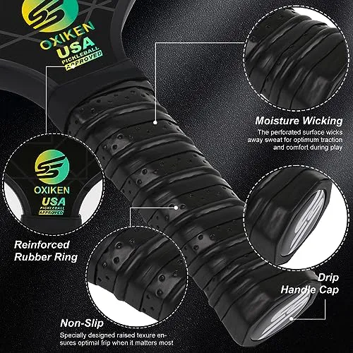 OXIKEN Pickleball Paddles Set of 4, USAPA Approved Carbon Fiber Pickle Ball Paddle (CHS), Polypropylene Honeycomb Core, Anti Slip Sweat Absorbing Grip, 4 Replacement Soft Grip, 6 Pickleball, Bag